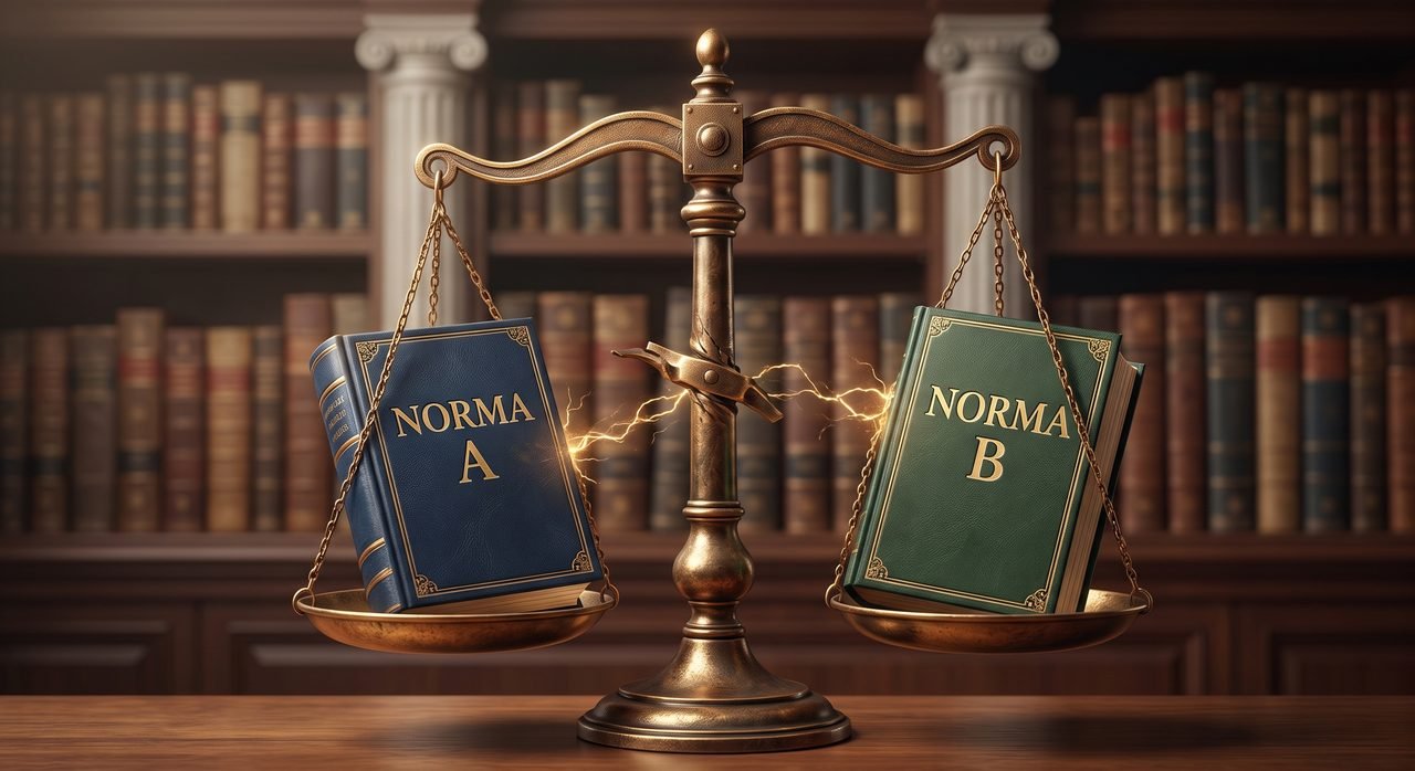 Ilustração de uma balança com dois livros em lados opostos, representando 'Norma A' e 'Norma B' em conflito