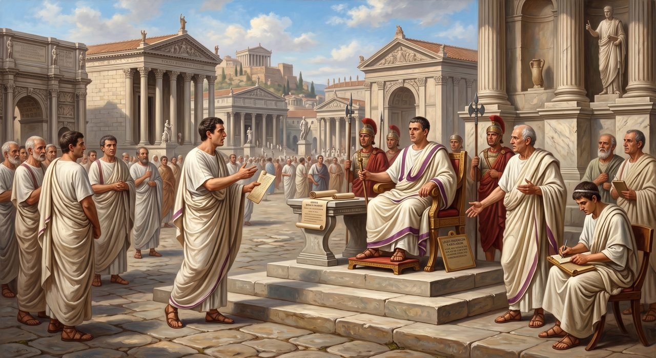Pintura representando o fórum romano, com um cidadão apresentando um pedido diante de um magistrado sentado, cercado por senadores e guardas — referência às origens do Direito Romano